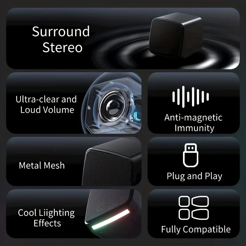 Computer Speakers, Mini Speaker with Cool Lights and Stereo Sound 6W USB Powered 3.5 Mm Aux-In Portable Speaker for Computer, La