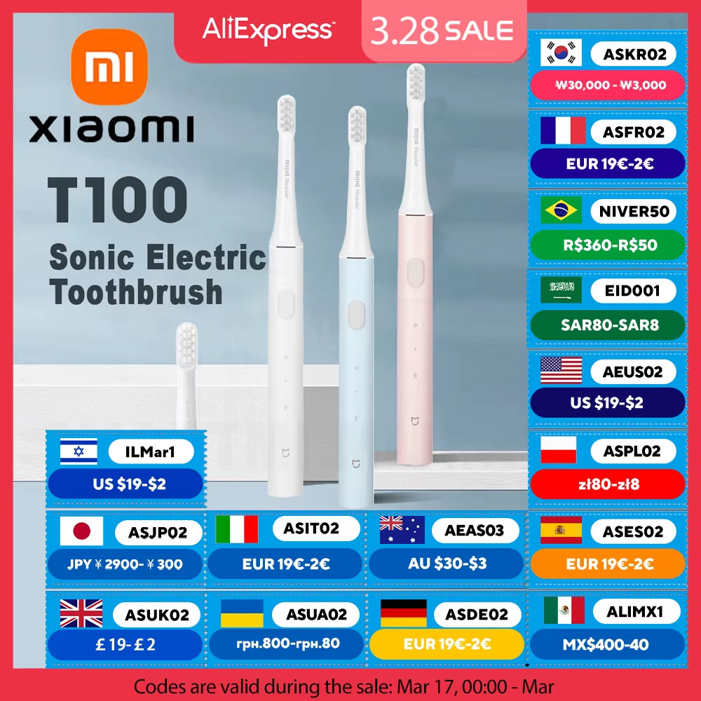 MIJIA Sonic Electric Toothbrush T100,Battery Life 30 Day,16500Rpm Vibration,Usb Rechargeable IPX7 Waterproof Toothbrushes